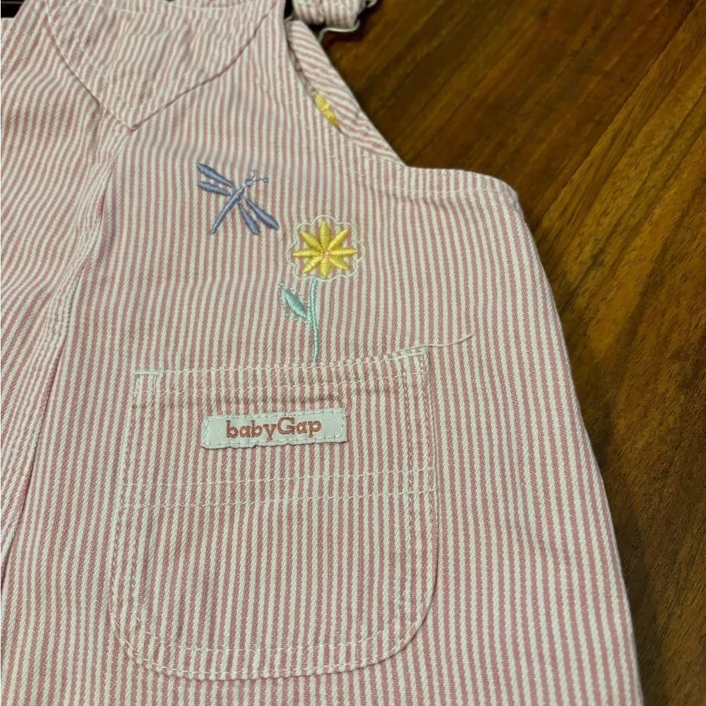 Baby Gap vintage pink stripe embroidered flowers overall shorts